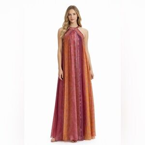 Zara Ombre Halter Maxi Pink Orange Flowing Chiffon Evening Summer Dress SZ XS